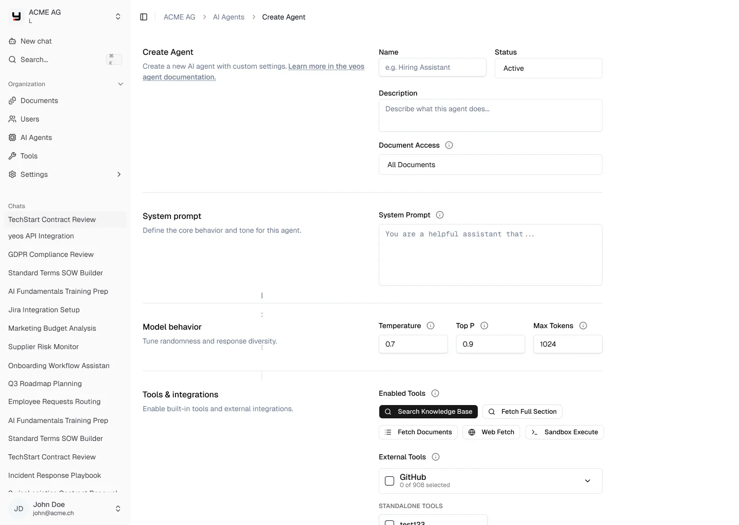 Die Agentenkonfiguration: System-Prompt, Modellgrenzen, Dokumentenzugriff und die Tools, die dieser Agent aufrufen darf.