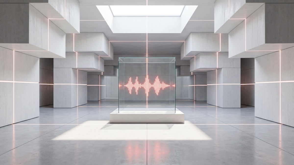 Glowing voice waveform inside a glass cube