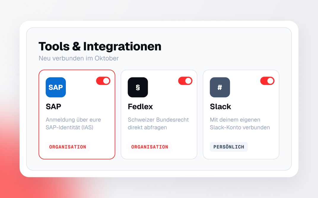 Tools page with SAP, Fedlex and Slack