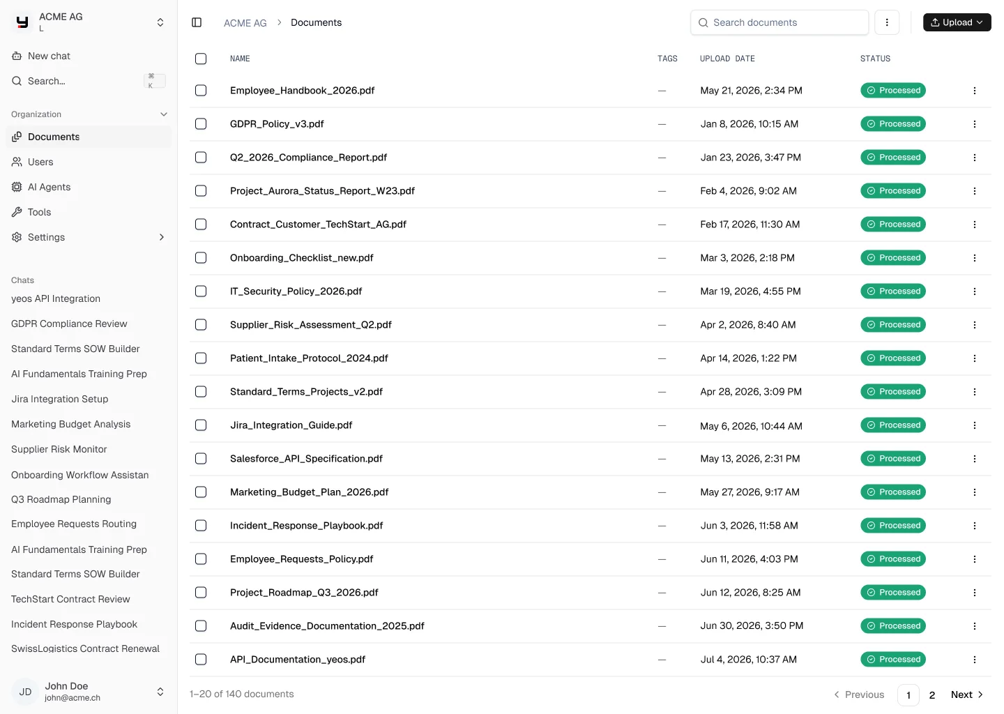 Die Dokumentenliste: 140 hochgeladene Dateien mit Uploaddatum und Verarbeitungsstatus.