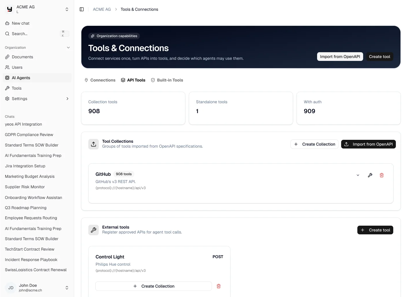 Der Bildschirm Tools und Verbindungen: API-Tools aus OpenAPI-Spezifikationen importiert, mit 908 GitHub-Tools in einer Sammlung.